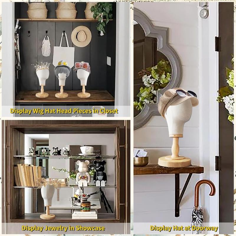 Local shipping- 21" Wig Head Stand, Mannequin Head Hat Display Stand Wig Holder Dome Canvas + Detachable Wood Stand, Canvas Block Mannequin Head Model Hat Rack Fabric Head 4