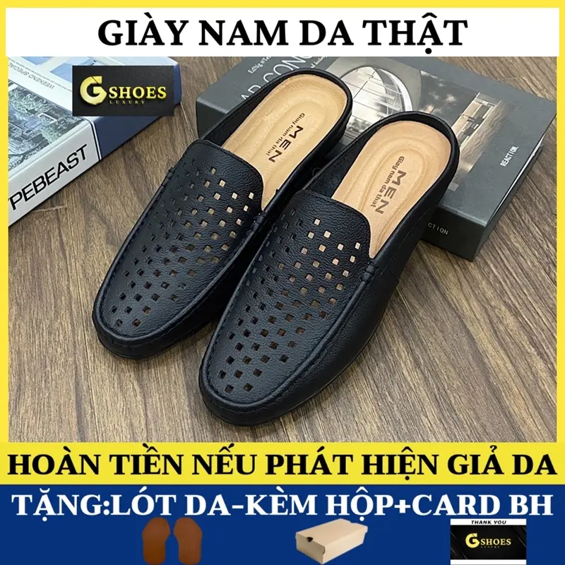 Giày sục nam da thật lỗ thoáng khí đế cao su êm chân GS0100 (tặng lót da kèm hộp card bh)