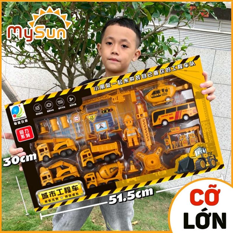 Bộ mô hình xe đồ chơi công trình cho bé trai: Cần cẩu, Xe Ben, Xe Tải, Trộn bê tông – MySun Toy