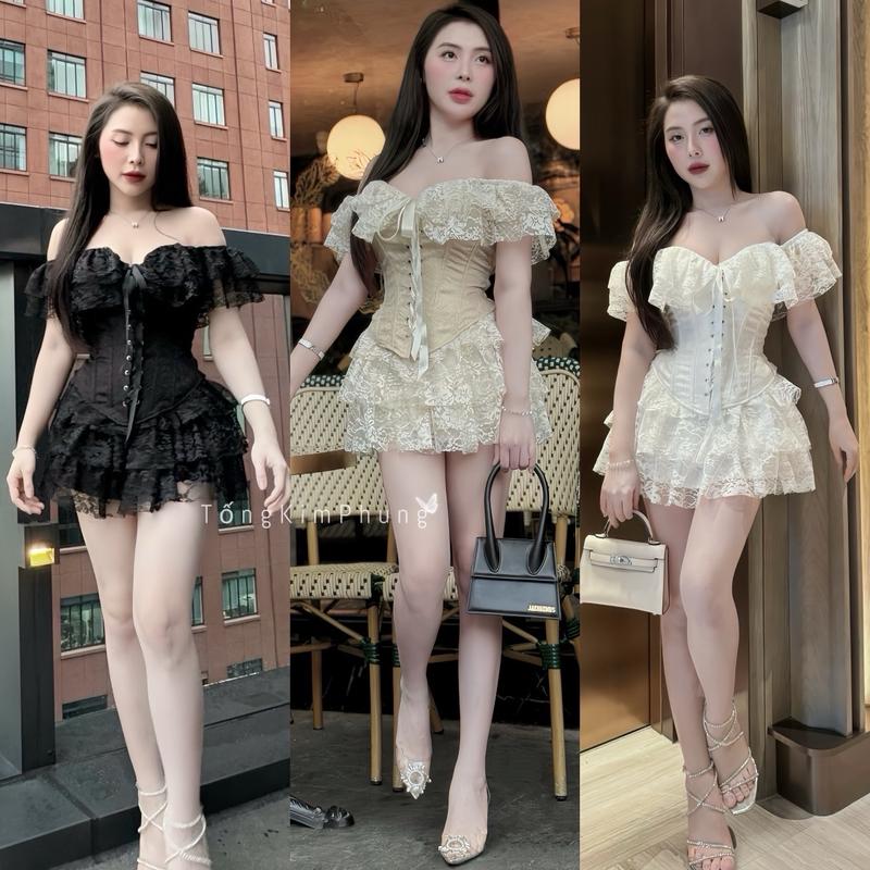 Áofom dài SÉT ÁO CORSET TRỄ VAI ĐAN DÂY RÚT EO+CHÂN VÁY REN SANG CHẢNH ĐI CHƠI ĐI TIỆC có gọng định hình .