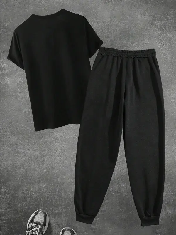 Men's Letter Print Tee & Pants Two-piece Set, Regular Fit Casual Short Sleeve T-shirt & Jogger Pants, Men's Two-piece Outfits for Spring & Fall 7