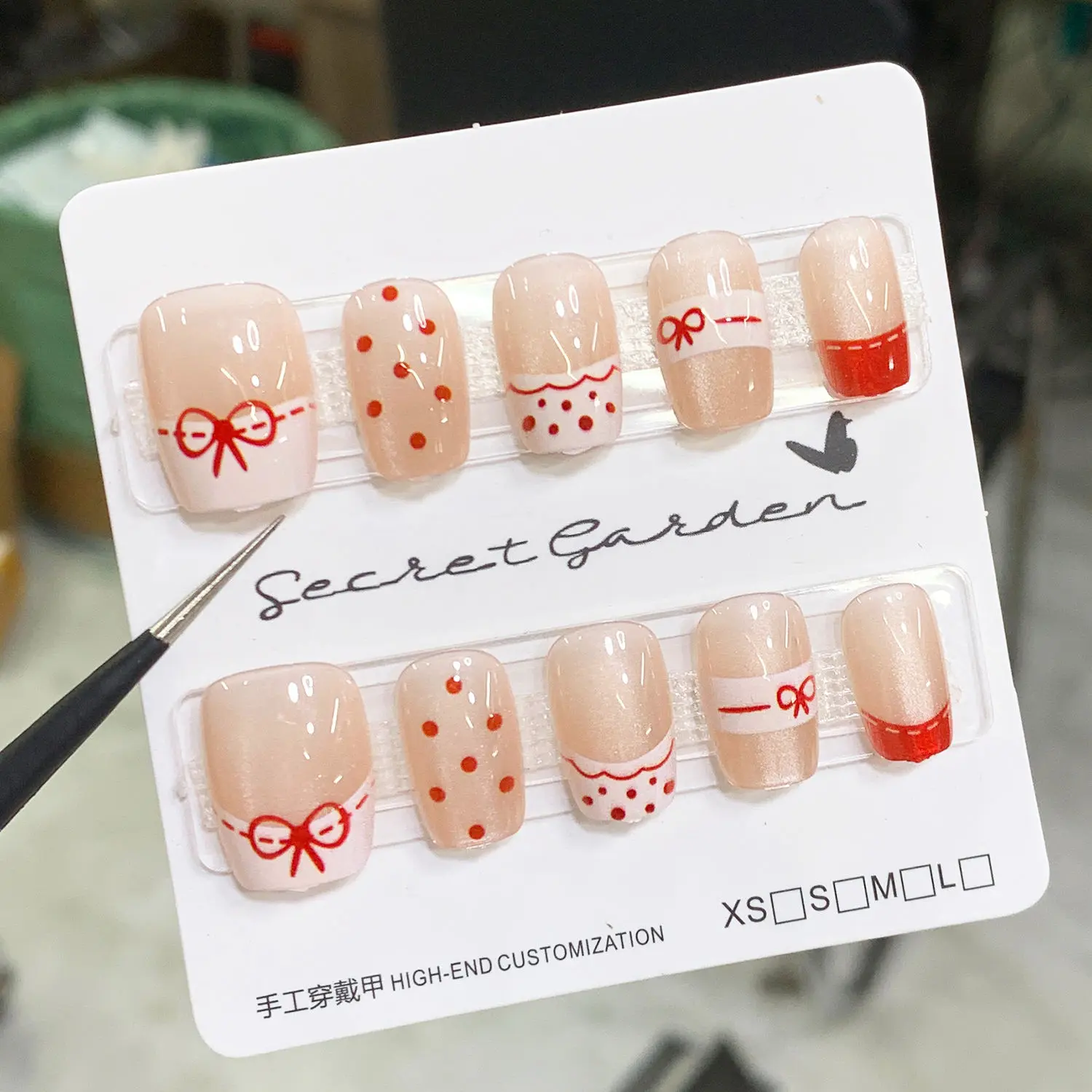 Half-Handmade Bowknot Cat's Eye Wear White Advanced Short New Red Bean Manicure Wear Nail