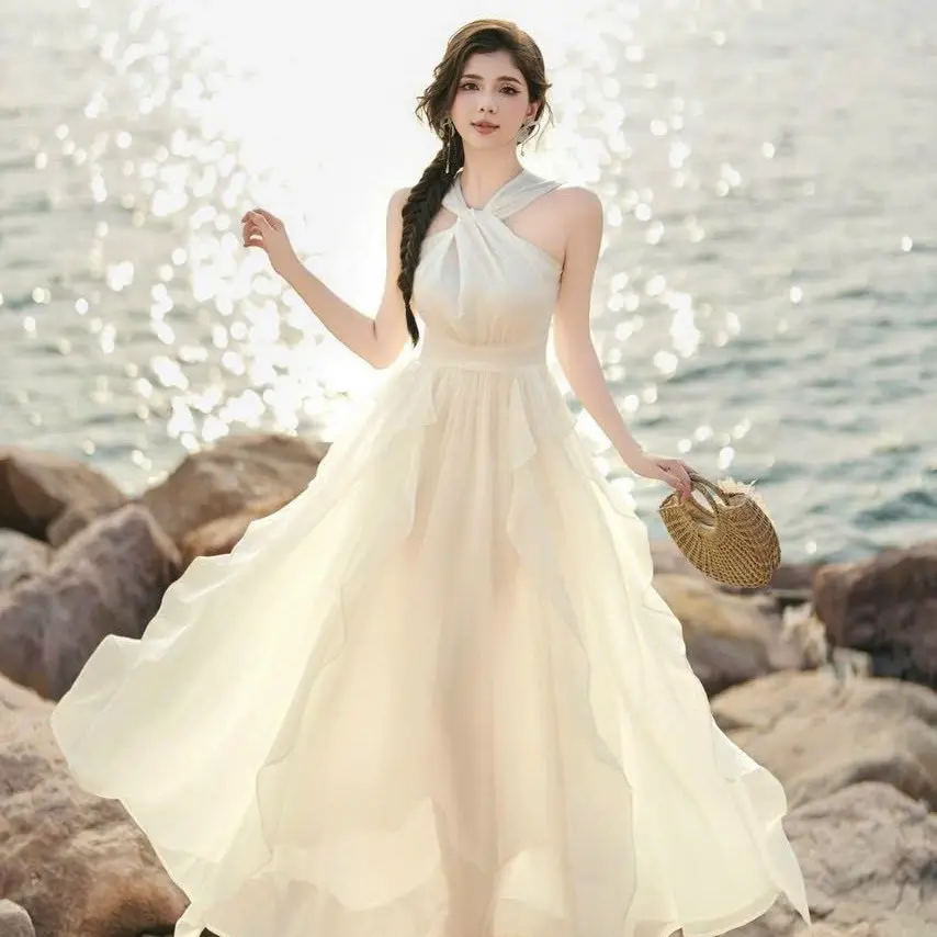 Đầm Maxi Thiết Kế Voan Cổ Yếm Dáng Dài Bánh Bèo Nữ Voi Women Dress Kem