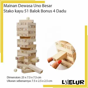 LHELUR Mainan Dewasa Uno Besar Stako kayu 51 Balok Bonus 4 Dadu Games