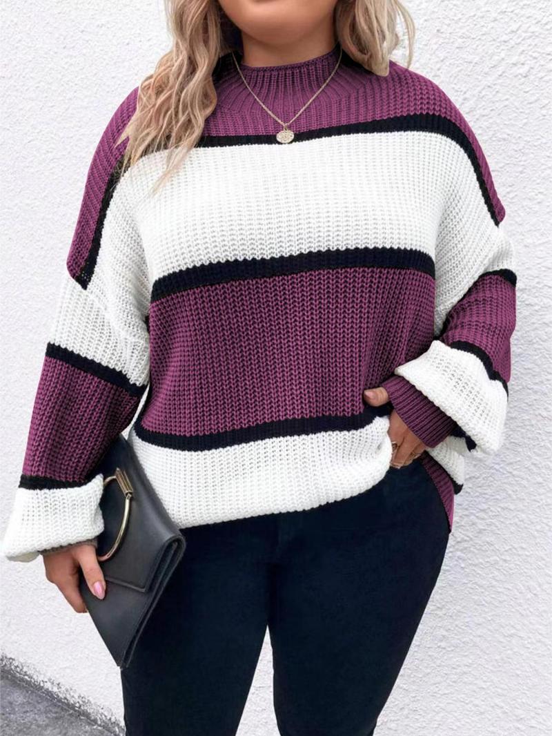 Product Introduction of 【Plus Size】 Colorblock Striped Print Drop Shoulder Sweater Pullover, Casual Chic Long Sleeve Round Neck Jumper for Fall & Winter, Women's Plus Clothing for Daily Wear 14