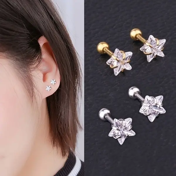 Bông tai titan nữ đính đá mặt ngôi sao 3 mm 4 mm 5 mm 6 mm (giá 1 chiếc) Women