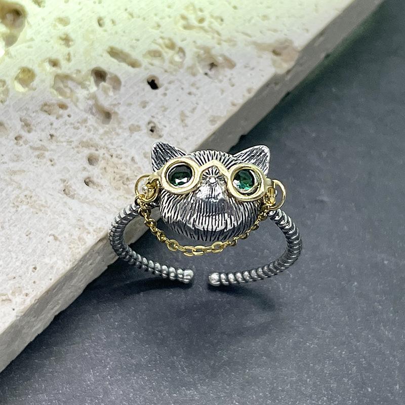 925 Sterling Silver Doctor Cat Ring with 18K Gold Plated Glasses11