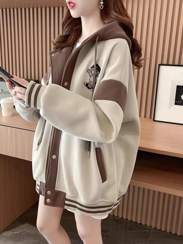Áo Khoác Nỉ Nữ Form Rộng Cúc Bấm Thời Trang Thu Đông Phong Cách Mẫu Mới In hình Gấu cute Jacket Women Top Kem việt nam dây kéo áo hoodie & áo len