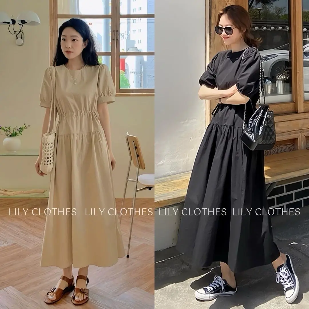Lily.clothes- Váy midi cổ tròn tay bồng dáng dài rút eo vintage chất đũi xước/ Đầm midi nữ Suli Dress Women