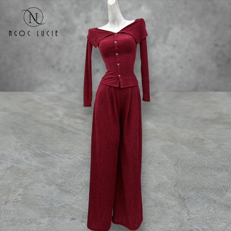 S246 - Set Áo Tay Dài Bẹt Vai + Quần Dài Suông Xếp Ly - Ngọc Lucie Nữ Women Top