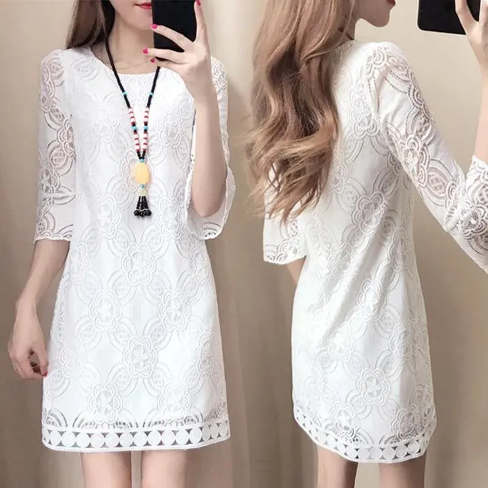 Ready Stock Lady Summer Lace Dress Fashion A Line Party Dinner Women S 4XL Plus Size Midi Dresses Casual Lingerie Gowns Basic Round Neck Minimalist Crewneck