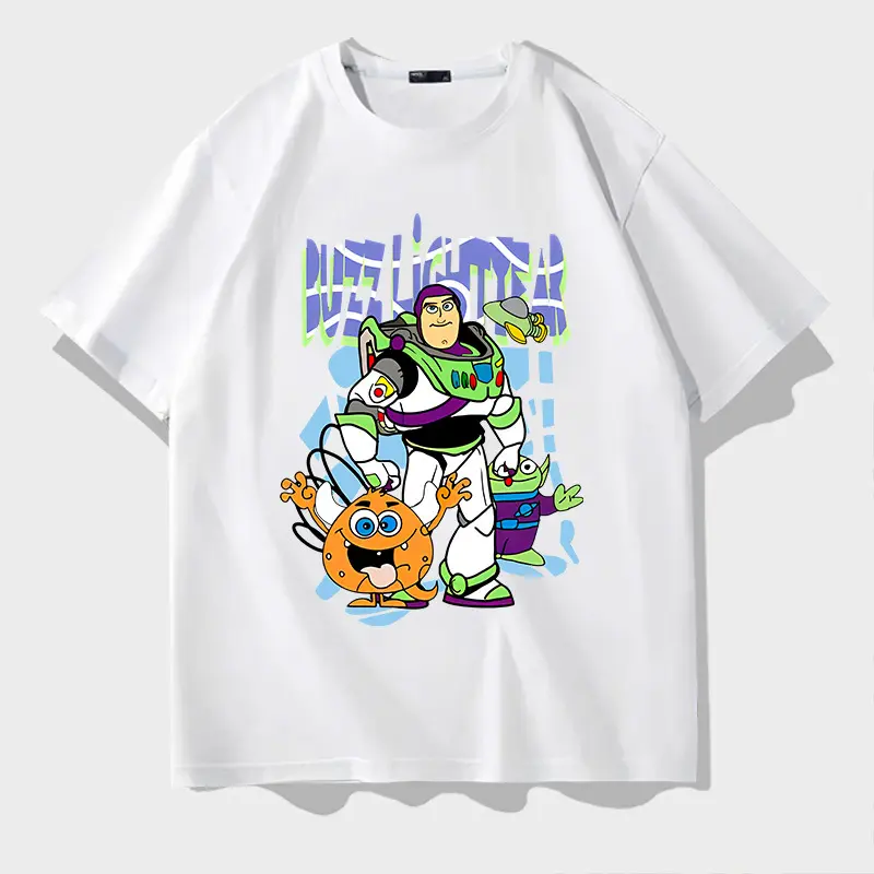 Kartun Buzz Lightyear kaos katun retro lengan pendek pria dan wanita atasan lengan pendek musim panas yang longgar 4
