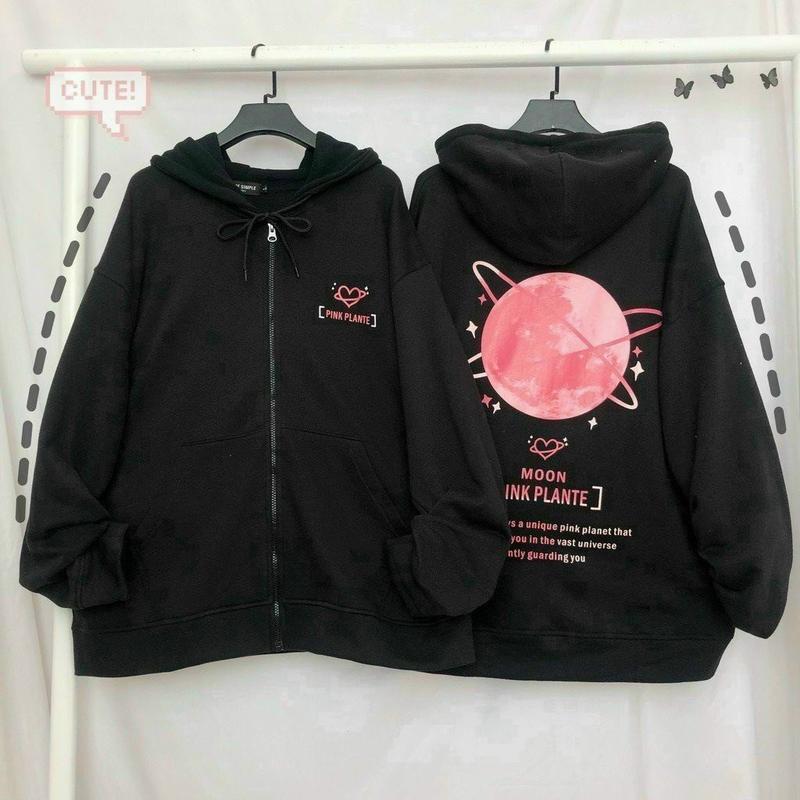  áo khoác hoodie nam nữ dây kéo hoạ tiết trăng hồng có dây kéo tiện lợi MD23 Menswear Top Kem Đen Nhung Shirt 