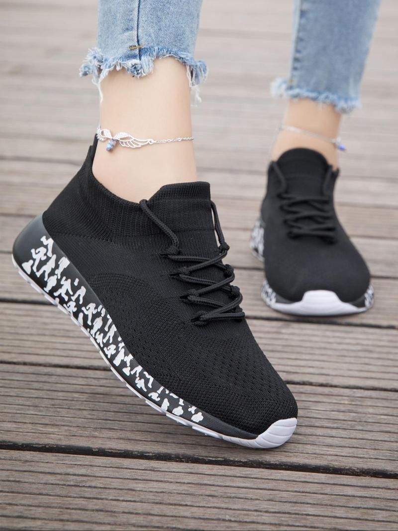 Product Introduction of Women's Fashionable Random Print Lace Up Running Shoes, Casual Comfortable Breathable Lightweight Non-slip Sneakers, Female All-match Sports Shoes for Daily Wear, Closed 7