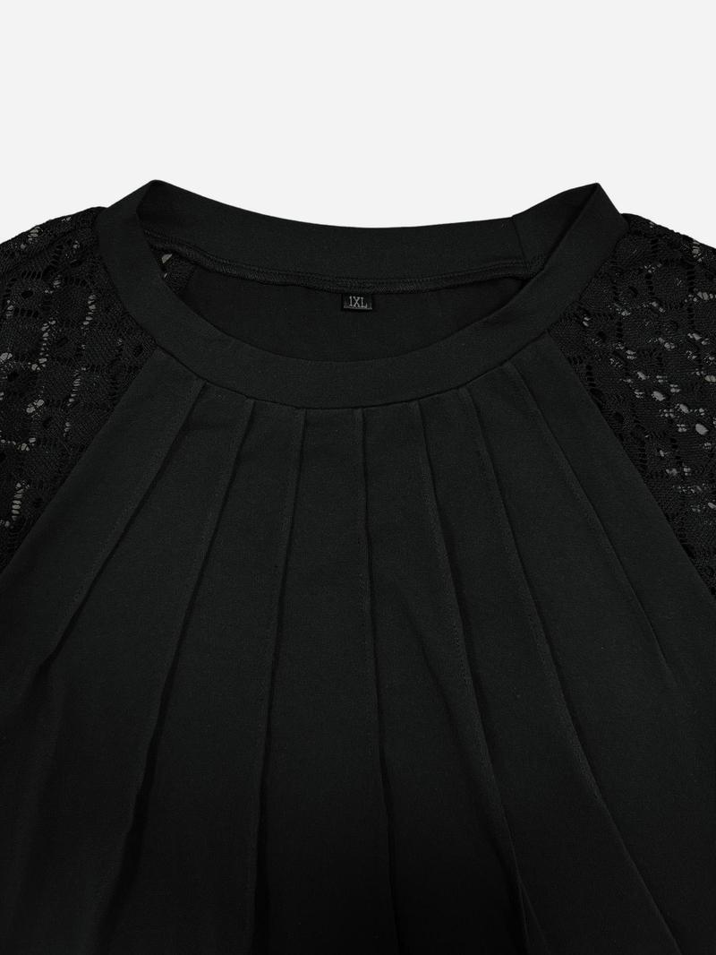 Product Introduction of Plus Size Contrast Lace Plicated Detail Semi-sheer Raglan Sleeve Tee, Summer Clothes, Going Out Top, Streetwear, Casual Short Sleeve Round Neck T-shirt for Summer, Women's Plus Clothing for Daily Wear 12