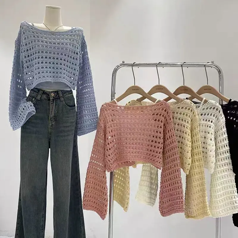 2025 Spring/Summer New French Long sleeved Hollow Knitted Women's Top