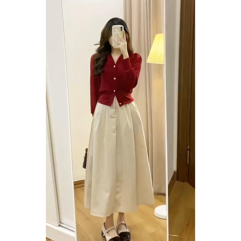  Set áo nỉ tăm kèm chân váy kaki dáng dài V127 Nữ Kem 