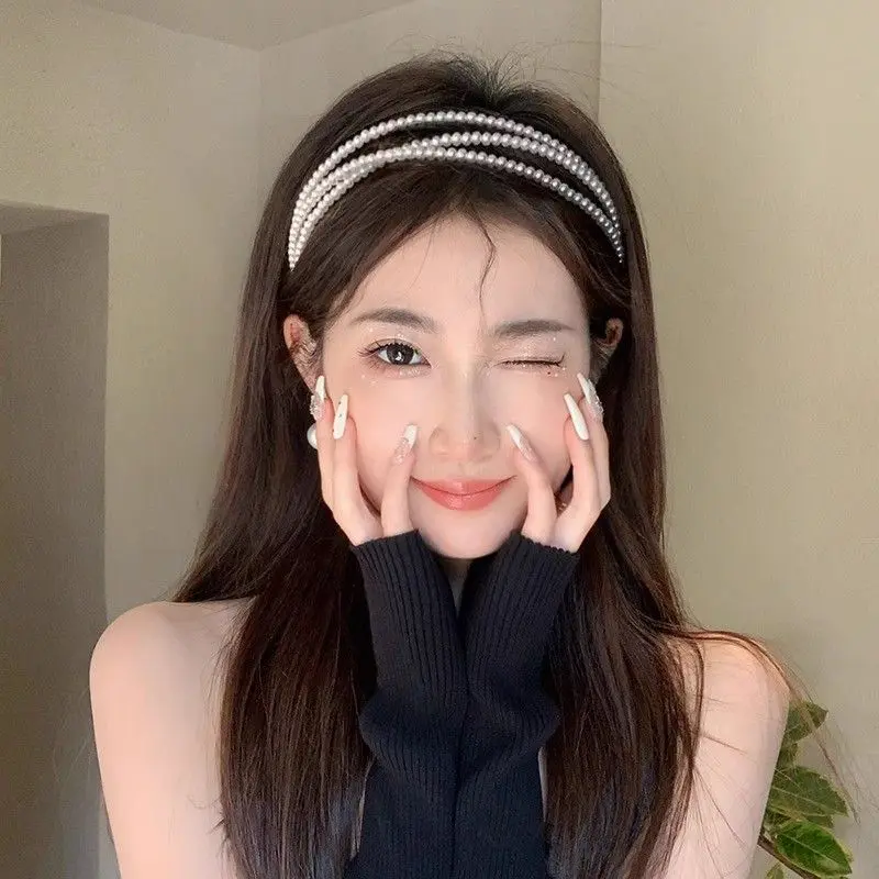 [ 16k People Collected] Pearl Headband for Women, Super Fairy French Romantic Internet Celebrity 2024 New Face Washing High Skull Top 2024 Hair Clip Hair Accessory