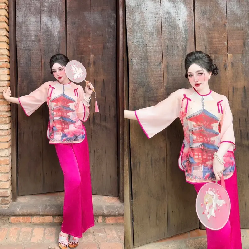 Đồ lam nữ đi chùa, áo vải voan tơ ánh nút ngọc nơ (có lót), quần lụa latin. Freesize 45-63kg. 7
