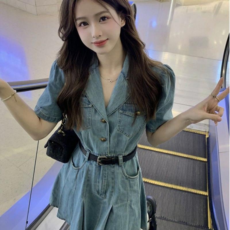 Váy Xếp Ly Denim, Cổ Áo Phù Hợp, Dành Cho Phụ Nữ, Phong Cách Cổ Điển Pháp, Bó Sát Váy Tay Ngắn, Váy, Với Thắt Lưng, Mùa Hè, Ins, 2024 Women Dress 4