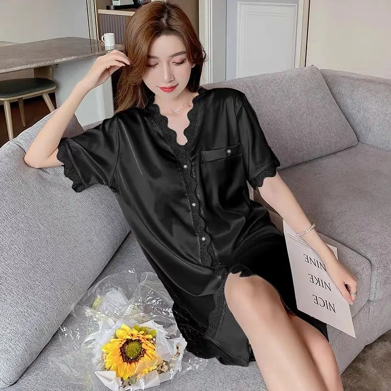 Đồ Ngủ Nữ, Phong Cách Người Nổi Tiếng Trên Internet Mùa Hè, Váy Sơ Mi Lụa Lạnh Mỏng, Phong Cách Dễ Thương Và Gợi Cảm, Dáng Rộng Có Thể Mặc Ngoài Đồ Mặc Nhà, Váy Ngủ ngắn Tay Gợi Cảm