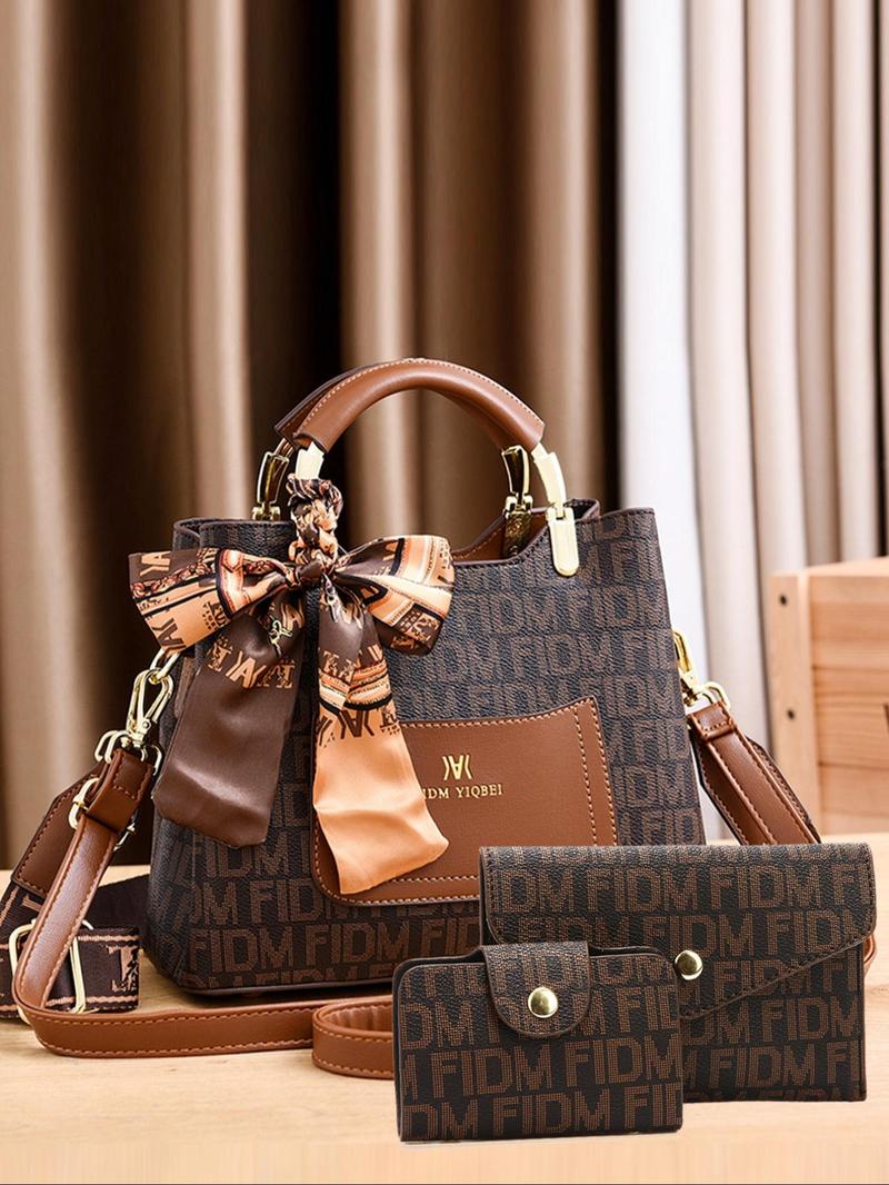 Product Introduction of Women's Fashionable Bow Decorated Handbag & Clutch Bag & Wallet, Casual Versatile Pu Leather Bag Set, Trendy All-match Bag Set for Daily Use 2