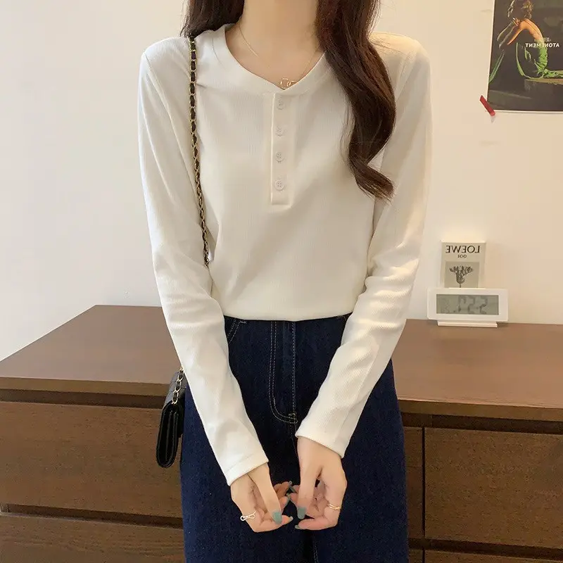 Áo Thun Dài Tay Cho Nữ, Áo Có Lớp Cơ Sở, Cổ Chữ V, Học Sinh, Phong Cách Hàn Quốc, Mùa Thu Và Mùa Đông