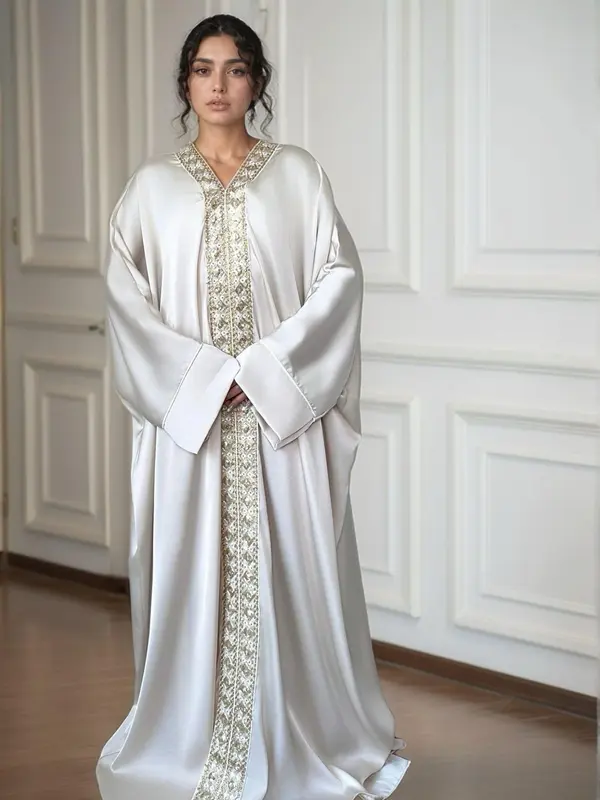 Women's Lace Embellishment V Neck Abaya, Modest Long Sleeve Maxi Dress for Party Wedding Guest, Formal Ladies Islamic Clothing for All Seasons 2