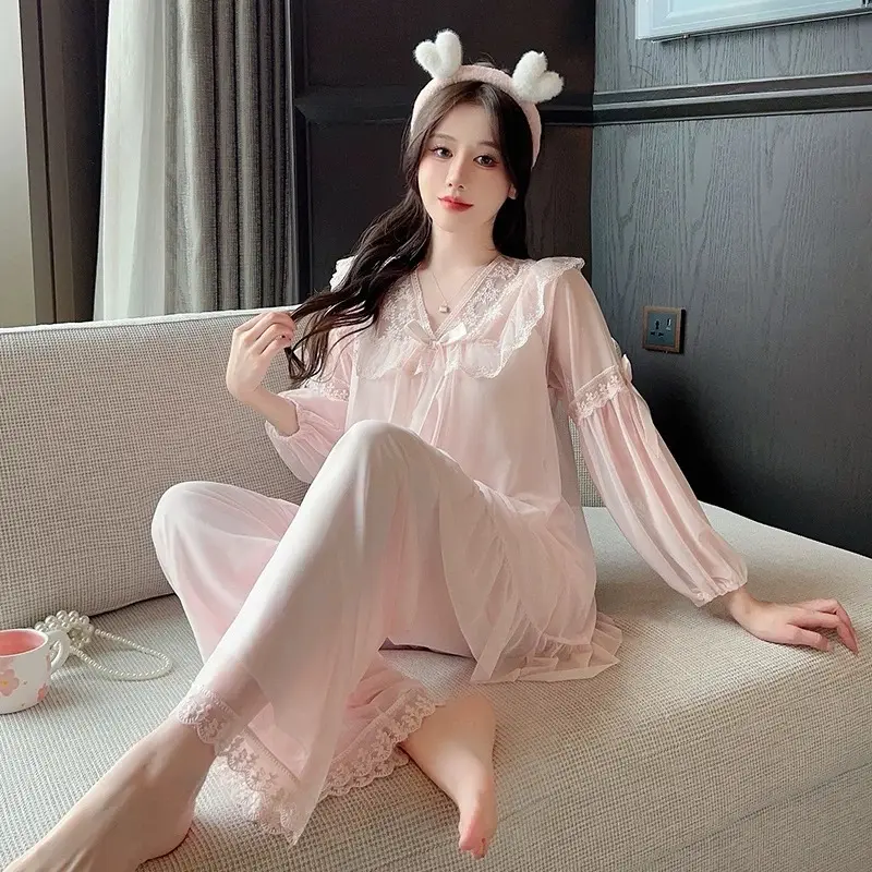 SP.961 Bộ quần áo ngủ tiểu thư voan ren thun 2 lớp kèm đệm hàng Quảng Châu