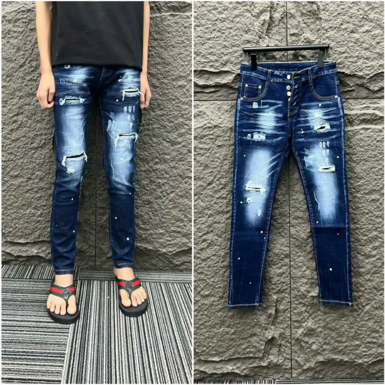 quần Jeans nam vảy sơn xanh rách 4 lỗ bốn cúc