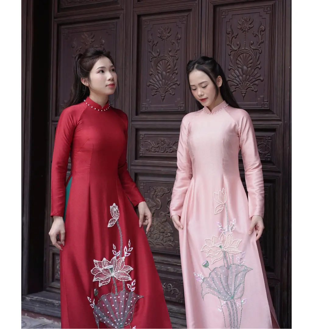 Áo Dài Truyền Thống Nữ Chất Lụa Vân Gỗ 2 Tà Cổ Cao Tay Dài, Áo Dài Mẹ Thiết Kế Họa Tiết Hoa Sen Voi