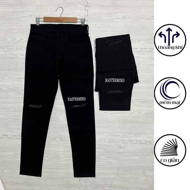 QJD86 Quần jean nam đen rách gối có lớp lót chữ thêu co giãn nhẹ.Quần bò nam màu đen phong cách thời trang rẻ đẹp
