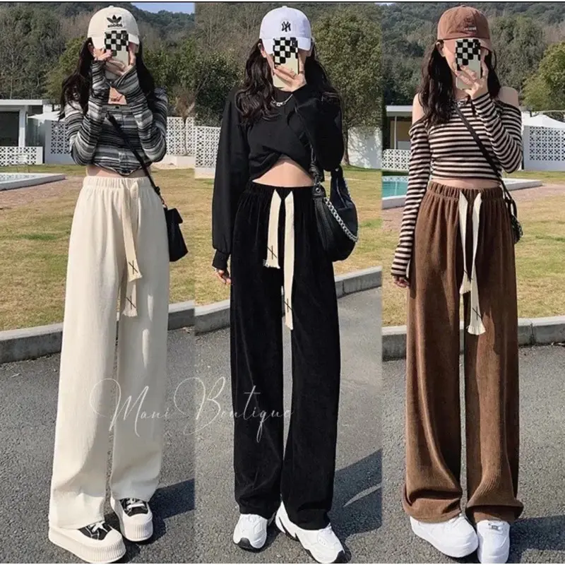 Quần ống rộng nỉ nhung tăm Unisex, quần dài ống suông cạp chun lưng cao có dây rút chỉnh eo ameehouse