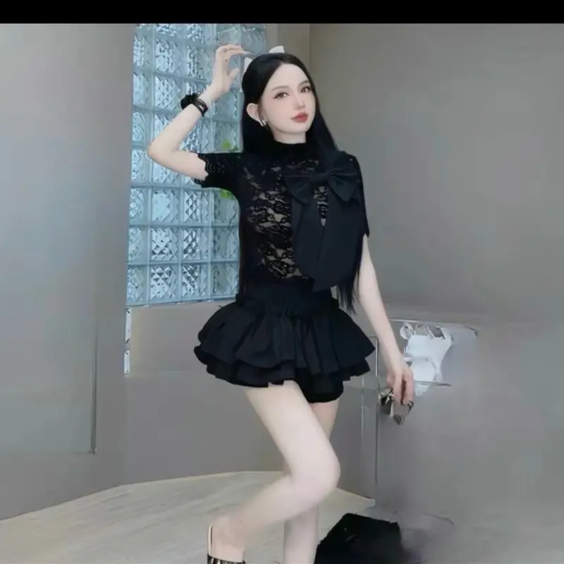 Set Áo Ren Nhung Đính Nơ + Chân Váy Bo Eo 2 Tầng ( Đi Tiệc, Dạo Phố, Đi chơi ) Top Nữ Women Voi 3
