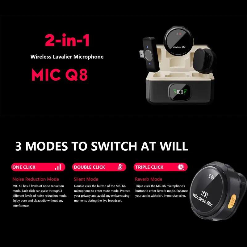 Wireless Lavalier Microphone, USB Rechargeable Wireless Microphone, Mini Microphone for Video Recording, Live Streaming Vlogging, YouTube, Audio 4