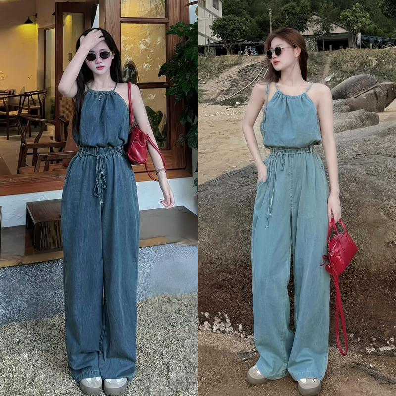 Jum quần nữ thiết kế cổ yếm phối dây thoắt eo dáng dài ống rộng sang chảnh dành cho các nàng diện đi chơi, đi tiệc Women 0