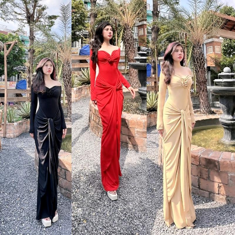 D13 - Có Size Đầm dạ hội thiết kế trễ vai hoa hồng body Dài quyến rũ - Hà Bò Brand Dress Women Nữ đi tiệc. đi biển. sang trọng