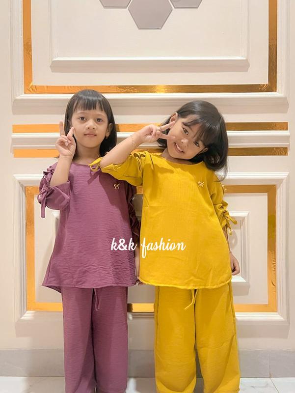 K&K FASHION/Setelan anak kekinian/set kids korea/Livina Set kids/setelan anak viral/Setelan terbaru/crinkle Air Flow/Setelan murah meriah/Lengan Serut/setelan lucu/modis/casual/bisa COD Polos Kids Celana Fashion Pakaian 7
