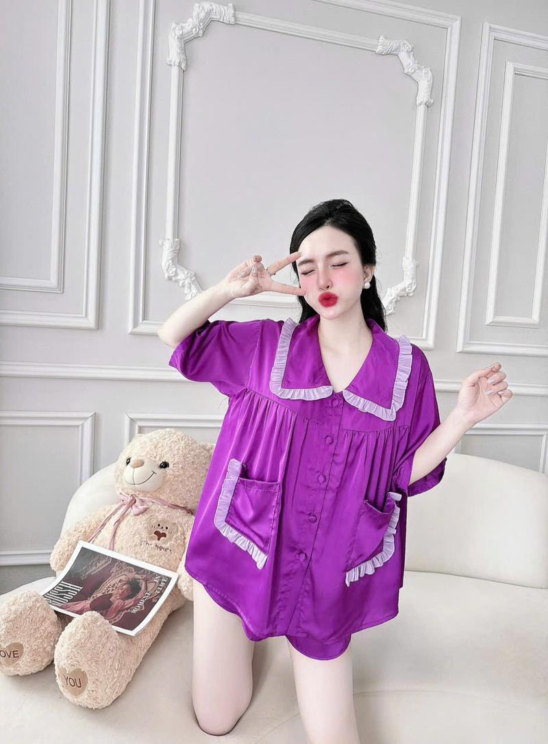Product Introduction of Freesize (65Kg-90Kg) Bộ Pijama Đùi Nữ Áo Baby Doll Cổ Bèo Vải Lụa Latin Có Nút Bọc, Quần Đùi Ống Rộng Có Túi, Quần Áo Ngủ 8