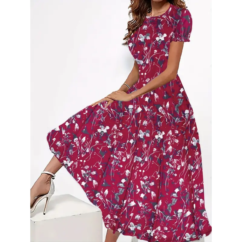 Short Sleeve Floral Print Elegant Crew Neck Dress for Spring & Summer, Women's Clothing Casual Fabric 1