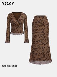 YOZY Two-Piece Set Women's Floral Print Lettuce Trim Wrap V Neck Tee & Mermaid Skirt, Elegant Fashion Casual Two Piece Outfits for Daily Outdoor Wear, Women Clothing for All Seasons