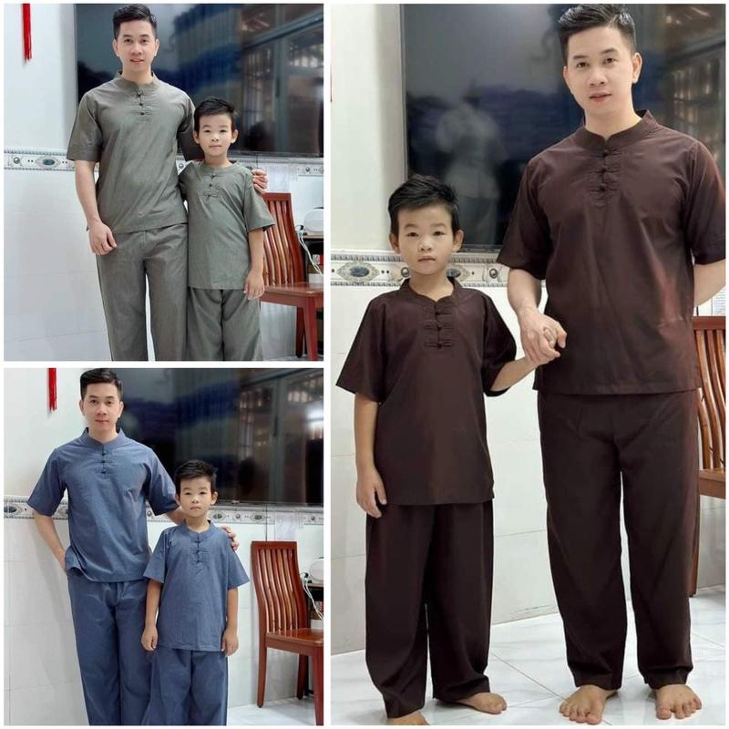 Đồ Lam Đi Chùa #Bộ Lụa 3 Nút Cho Cha và Bé Trai# Bộ Quần Áo Bé Trai# Thời Trang Trẻ Em 0