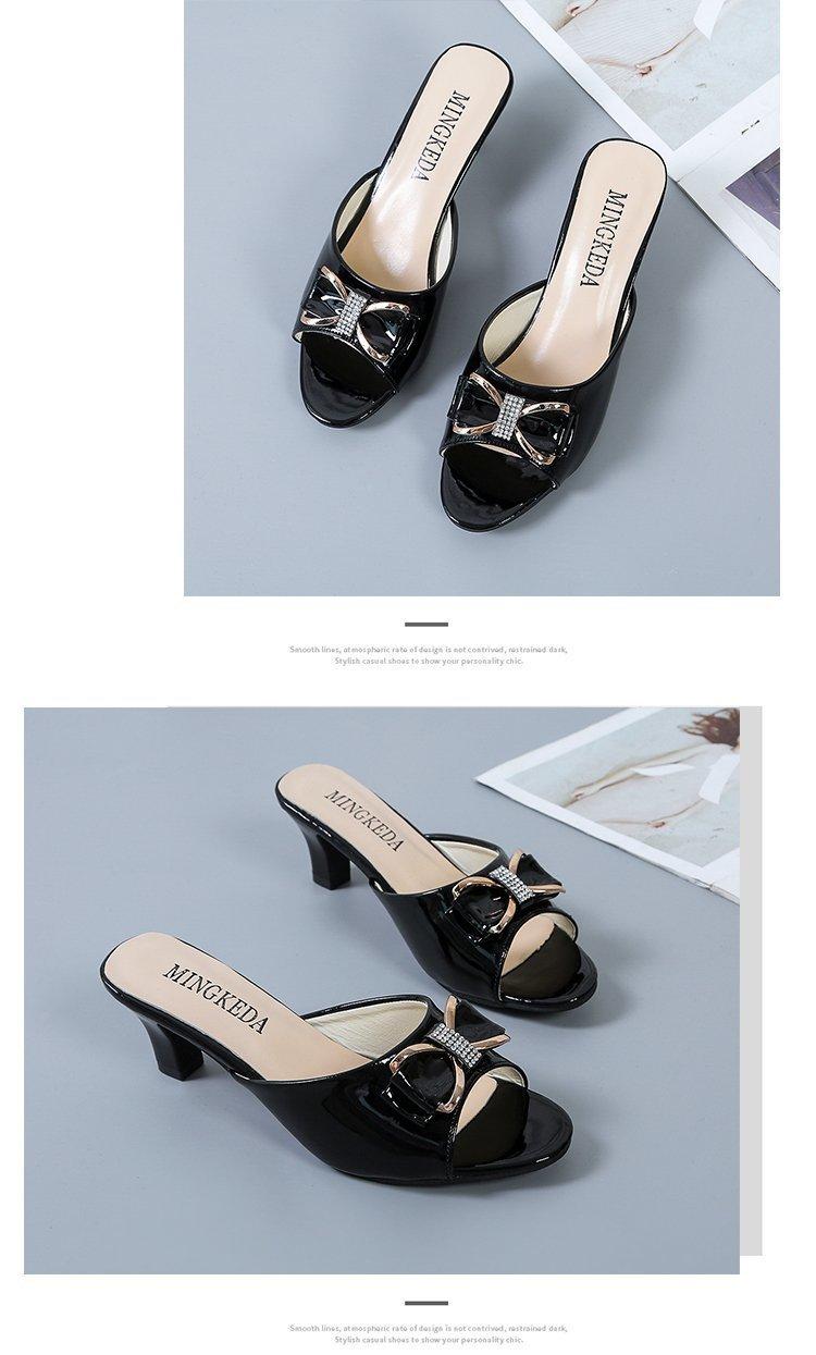 Product Introduction of 2025 Summer New Thin Heel Mid Heel Peep Toe Bowknot One-Strap Women's Versatile Large Size Slippers 10