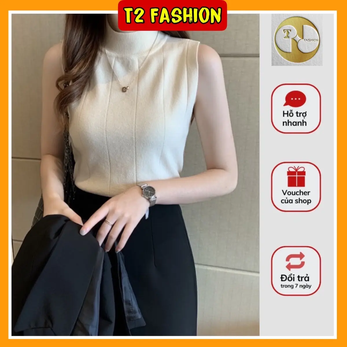 Áo len sát nách cổ 3 phân T213 Nữ Top Women Jean, hàng dệt kim Denim Hồng, giữ nhiệt mặc trong vest, sơmi, măngto, blazer