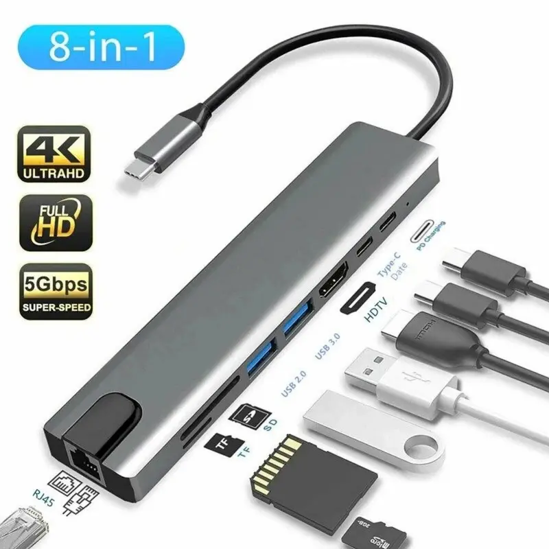Hub USB C, Bộ Chuyển Đổi 8 Trong 1 Type C 3.1 Sang 4K HDMI, với đầu đọc thẻ RJ45, SD / TF, Sạc Nhanh PD, Tương thích với MacBook, Máy tính xách tay, Máy tính xách tay 6