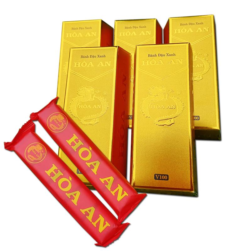 Combo 05 Hộp Thỏi Vàng Tết Bánh đậu xanh Hòa An 100gr ( Đặc sản, Chính hãng, Date mới) Thức Ăn Food Ăn Vặt Snack Tết 2025 Đường Bột Chua banh kenju