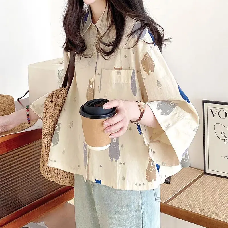 [5544 People Collection] Blouse Women's Tops 2024 New Summer Casual Loose Japanese Style Harajuku Style Short Polka Dot 3/4 Sleeve Shirt