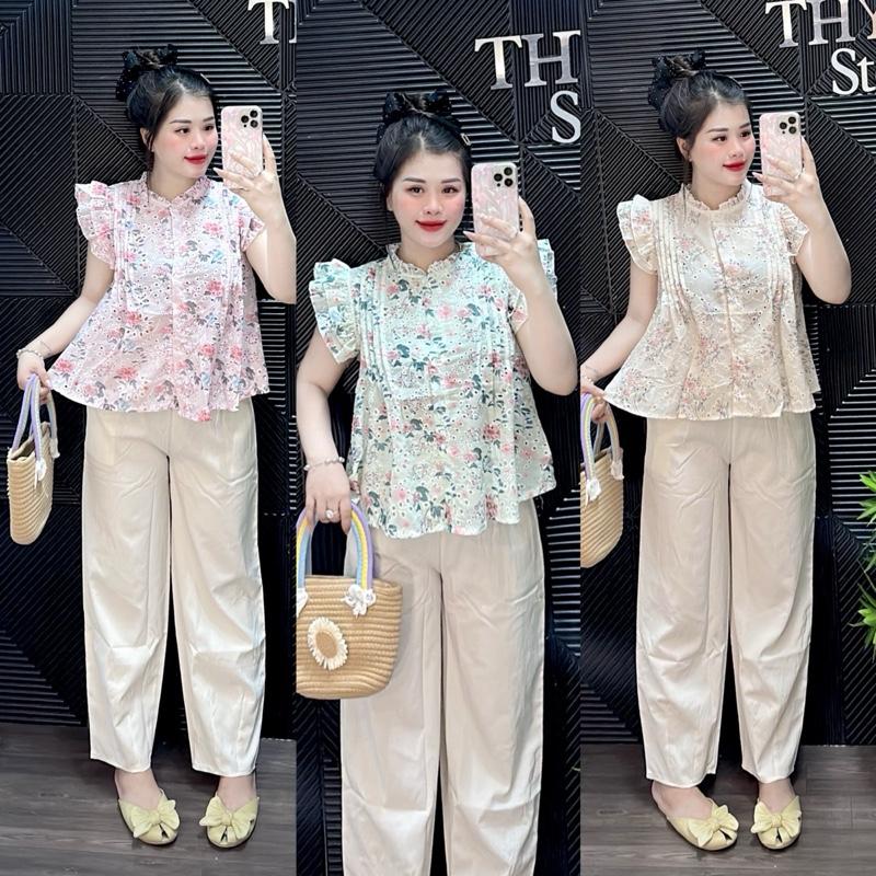 (47-58kg)SET Áo VẢI XÔ MÀU KEM (ko giãn )thêu hoa babydoll , quần vải đũi (ko giãn) baggy MÀU HỒNG lưng thun có túi Women Nữ