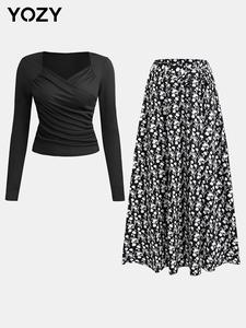 YOZY Women's Plain Ruched Wrap Ribbed Top & Ditsy Floral Print Belted Skirt Two-Piece Set, Casual Sweetheart Neck Long Sleeve Top & Elastic Waist Skirt for Daily Wear, Ladies Clothes for All Seasons