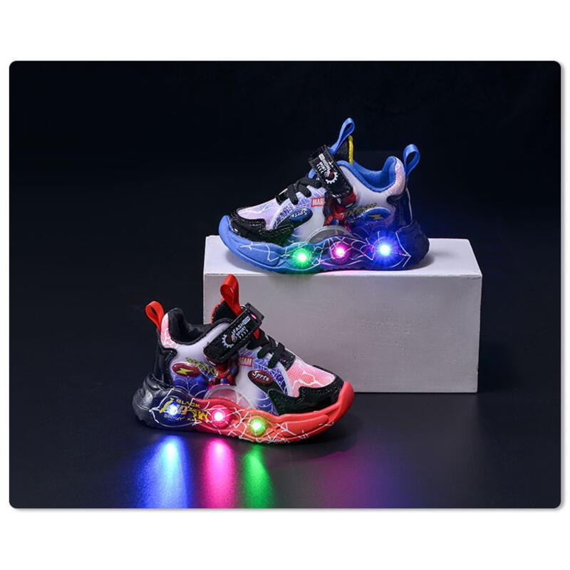 Product Introduction of 2024 Spring Autumn Lights New Children's Leather Spider Man LED Induction Light Boys' Sports and Casual Shoes 2